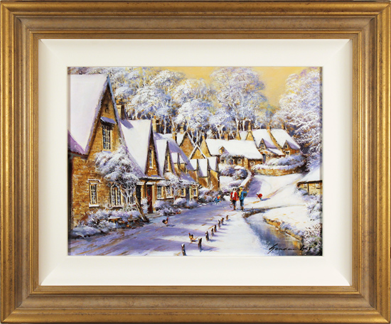 Gordon Lees, Original oil painting on panel, Winter on Arlington Row, The Cotswolds