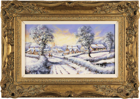 Gordon Lees, Original oil painting on canvas, Winter in the Village, The Cotswolds