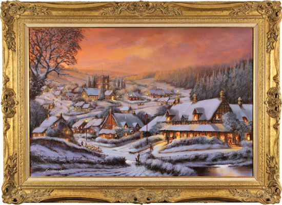 Gordon Lees, Original oil painting on canvas, Snowy Hamlet, The Cotswolds, click to enlarge