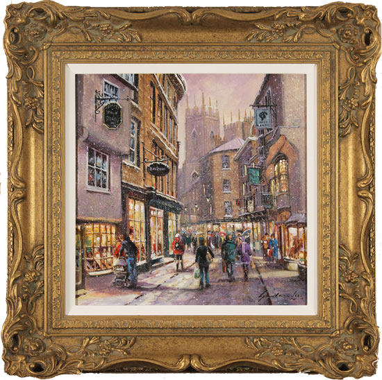 Gordon Lees, Original oil painting on panel, Snow on Low Petergate, York