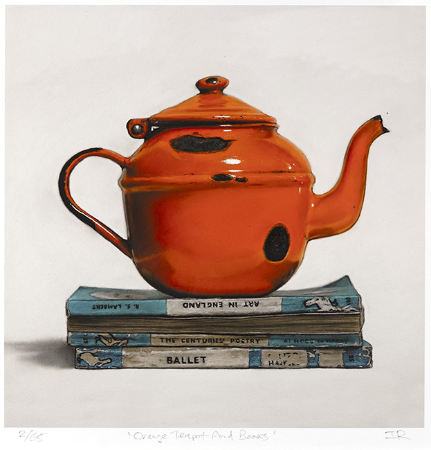 Ian Rawling, PS, Signed limited edition print, Orange Teapot and Books