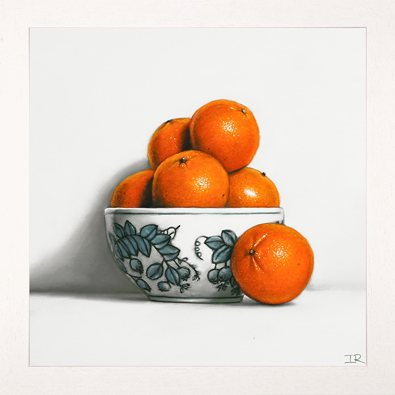 Ian Rawling, PS, Pastel, Oranges in Blue and White Bowl