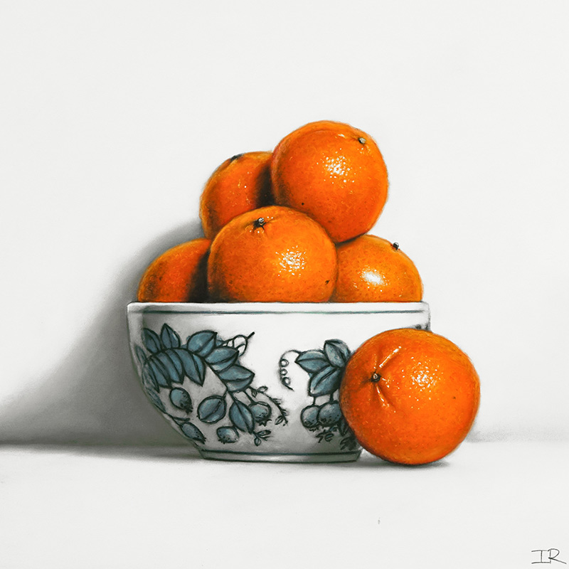 Ian Rawling, PS, Pastel, Oranges in Blue and White Bowl