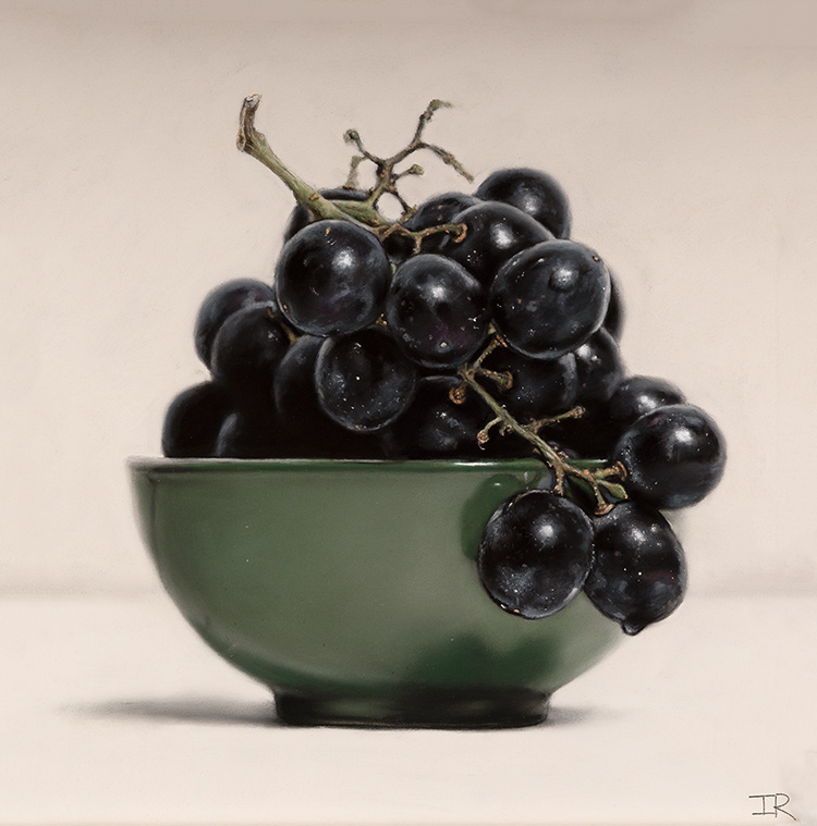 Ian Rawling, PS, Pastel, Black Grapes, Green Bowl