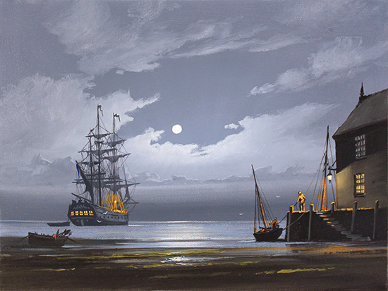 Les Spence, Print, Harbour, boat on left