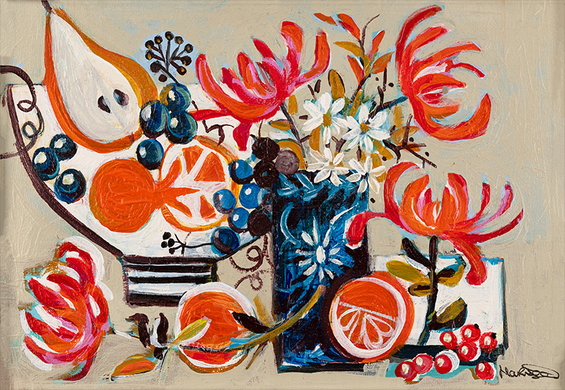 Marissa Weatherhead, Original acrylic painting on canvas, Flowers and Fruit Bowl