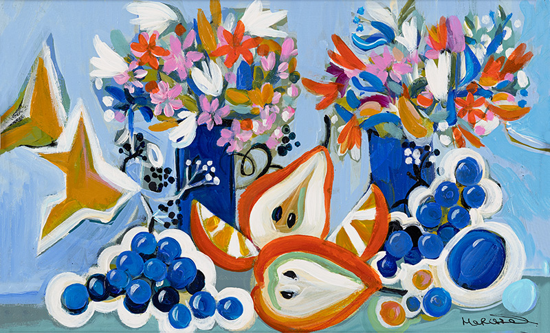 Marissa Weatherhead, Original acrylic painting on board, Pears and Blue