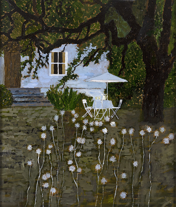 Mike Hall, Original acrylic painting on board, Lunch in the Garden
