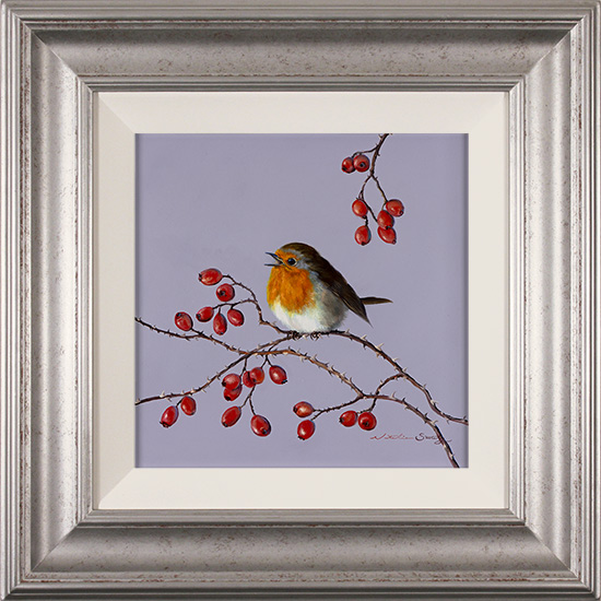 Natalie Stutely, Original oil painting on panel, Robin Singing on Rosehips 