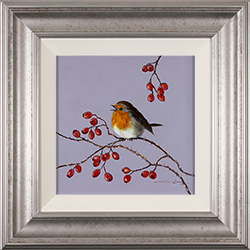 Natalie Stutely, Original oil painting on panel, Robin Singing on Rosehips 