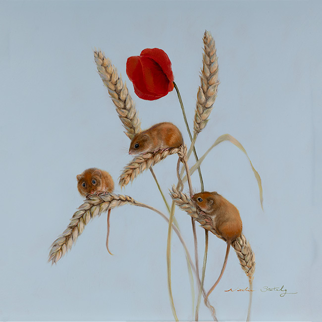 Natalie Stutely, Original oil painting on panel, Field Mice