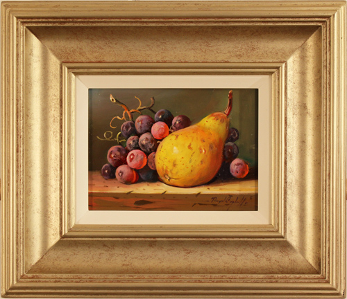 Raymond Campbell, Original oil painting on panel, Single Pear and Grapes, click to enlarge