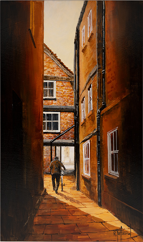 Richard Telford, Original oil painting on panel, Mad Alice Lane, York