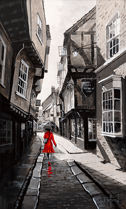 Richard Telford, Original oil painting on panel, Rain on The Shambles