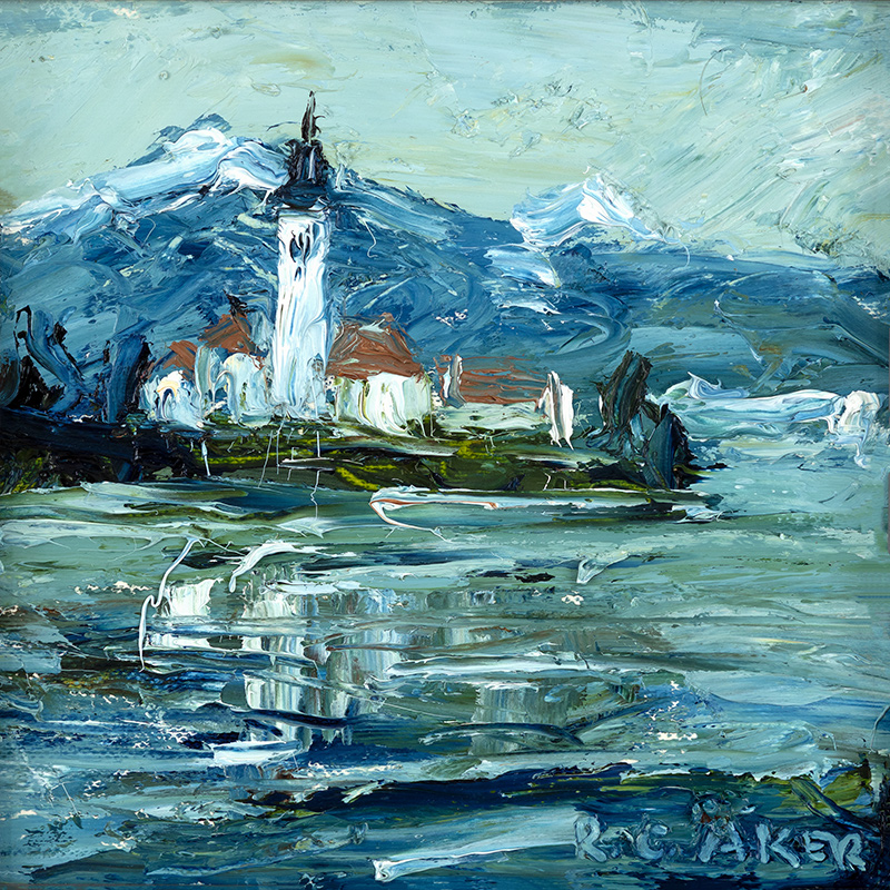 Rupert Aker, Original oil painting on paper, Lake Bled
