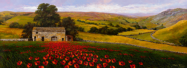 Steve Thoms, Original oil painting on panel, Poppies on the Farm, Yorkshire Dales