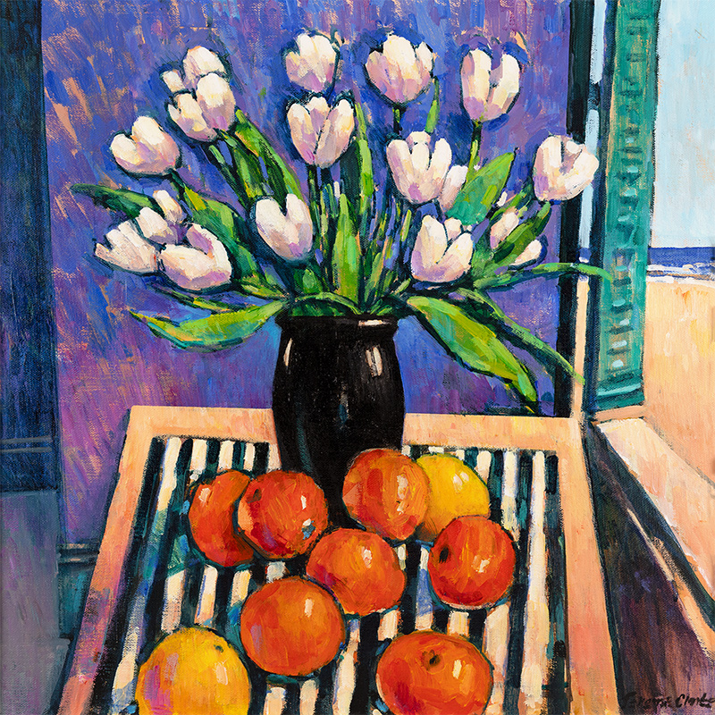 Terence Clarke, Original acrylic painting on canvas, Oranges and Tulips at La Marina