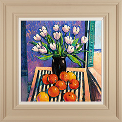 Terence Clarke, Original acrylic painting on canvas, Oranges and Tulips at La Marina