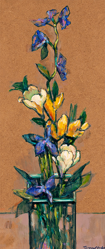 Terence Clarke, Original acrylic painting on board, Freesias and Oxypetalum